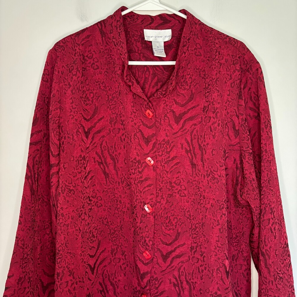 SUSAN GRAVER STYLE Button Up Stand Up Collar Shacket Womens XL Lace Red